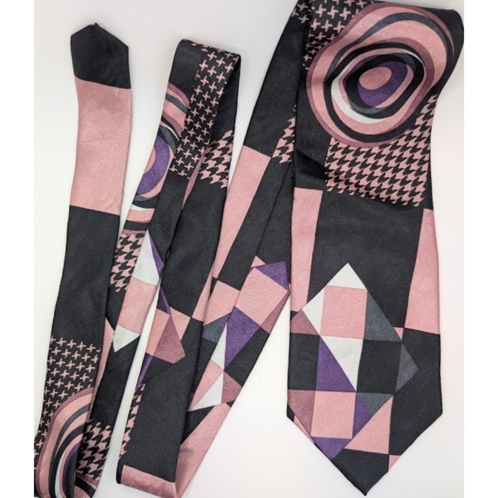 VTG Pierre Balmain Tie XL Pink Black Abstract Art Deco 3.75x61 Fun Funky Loud